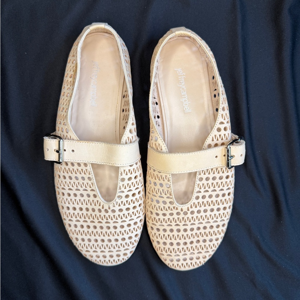 Jeffrey Campbell Tan Perforated Leather Mary Jane Cutout Flats with Buckle